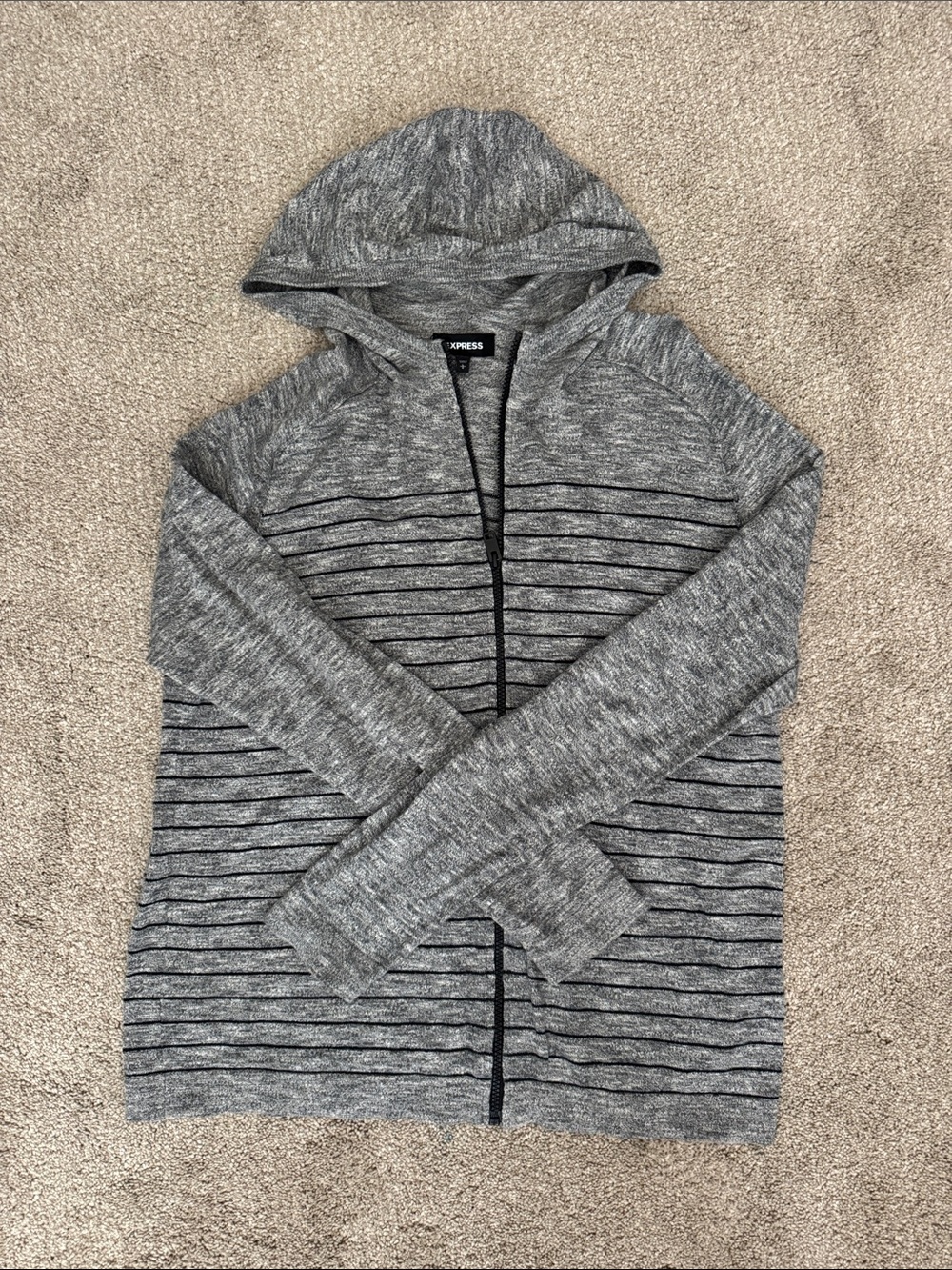 Express Men's Gray Hooded Zip Cardigan with Black Stripes